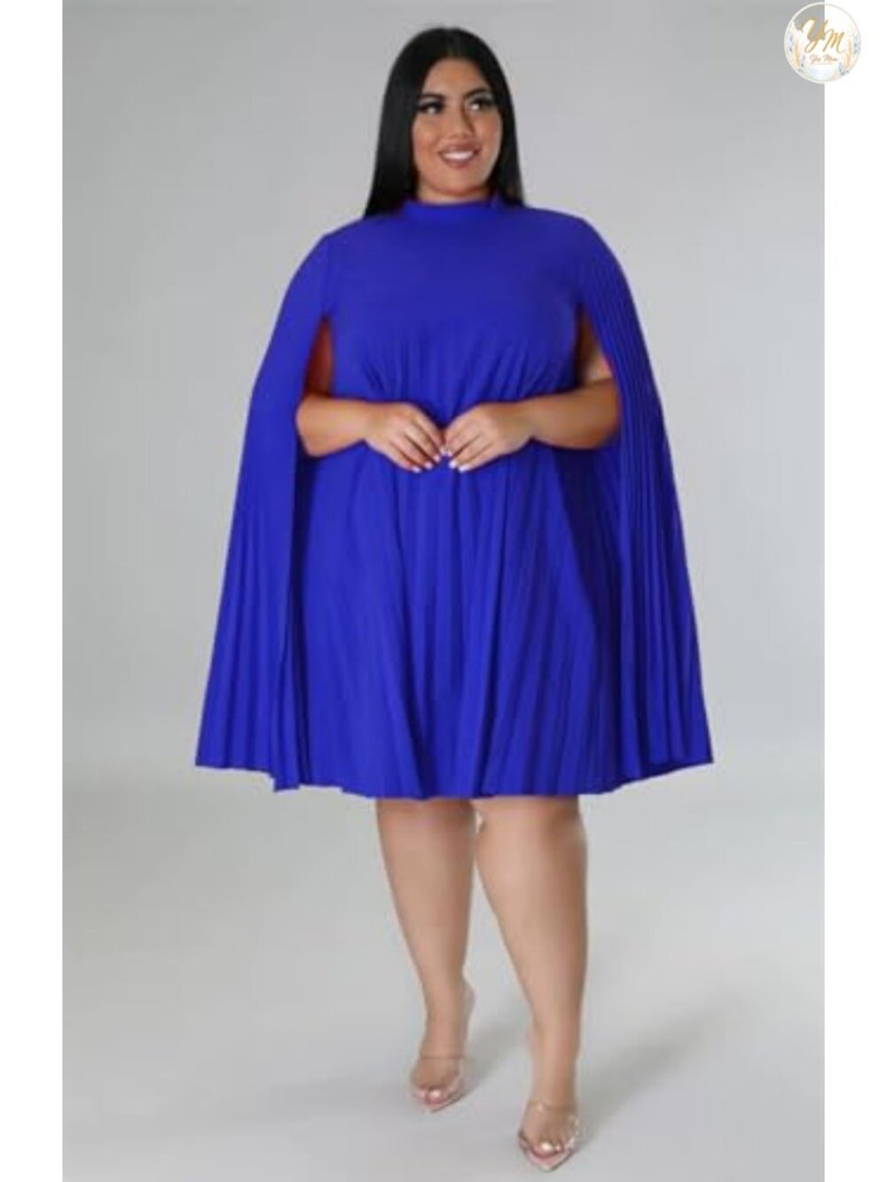 Women Plus Size Cape Dress Pleated Cocktail Mini Dress - Picture 3 of 6